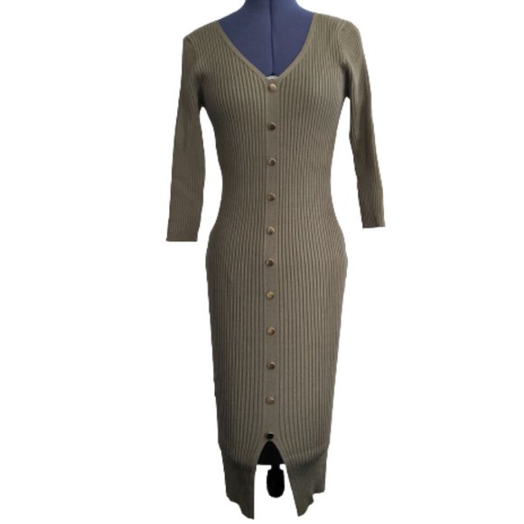 COPY - Olive Green Rib Knit Bodycon Button Down Dress Women's Size Small - Picture 1 of 8